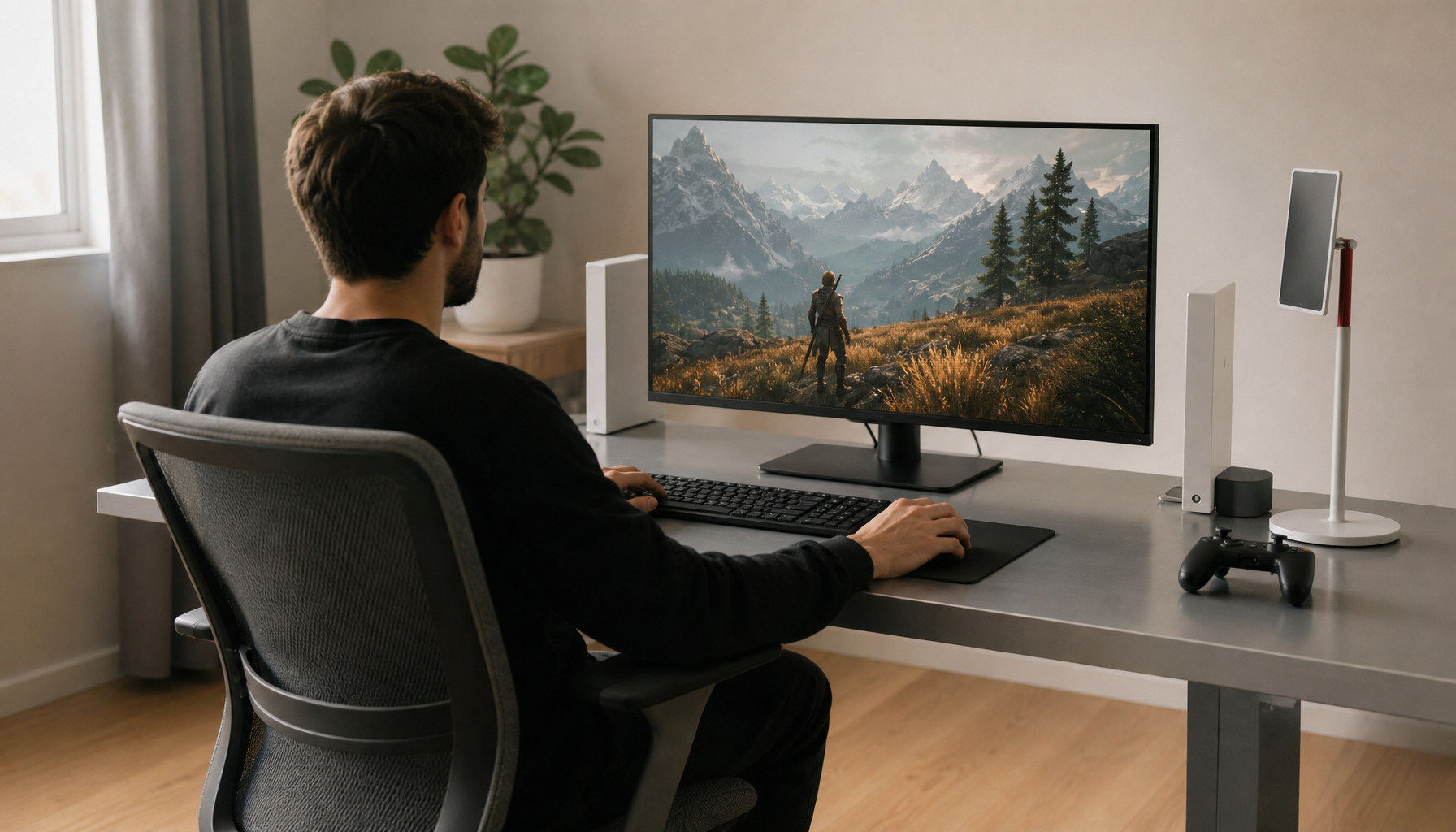 Person sitting centered in front of a gaming monitor at a properly arranged ergonomic desk setup