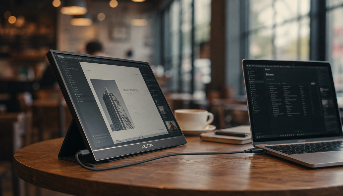 Portable monitor tipping over on a small round café table with a taut USB-C cable pulling it off balance