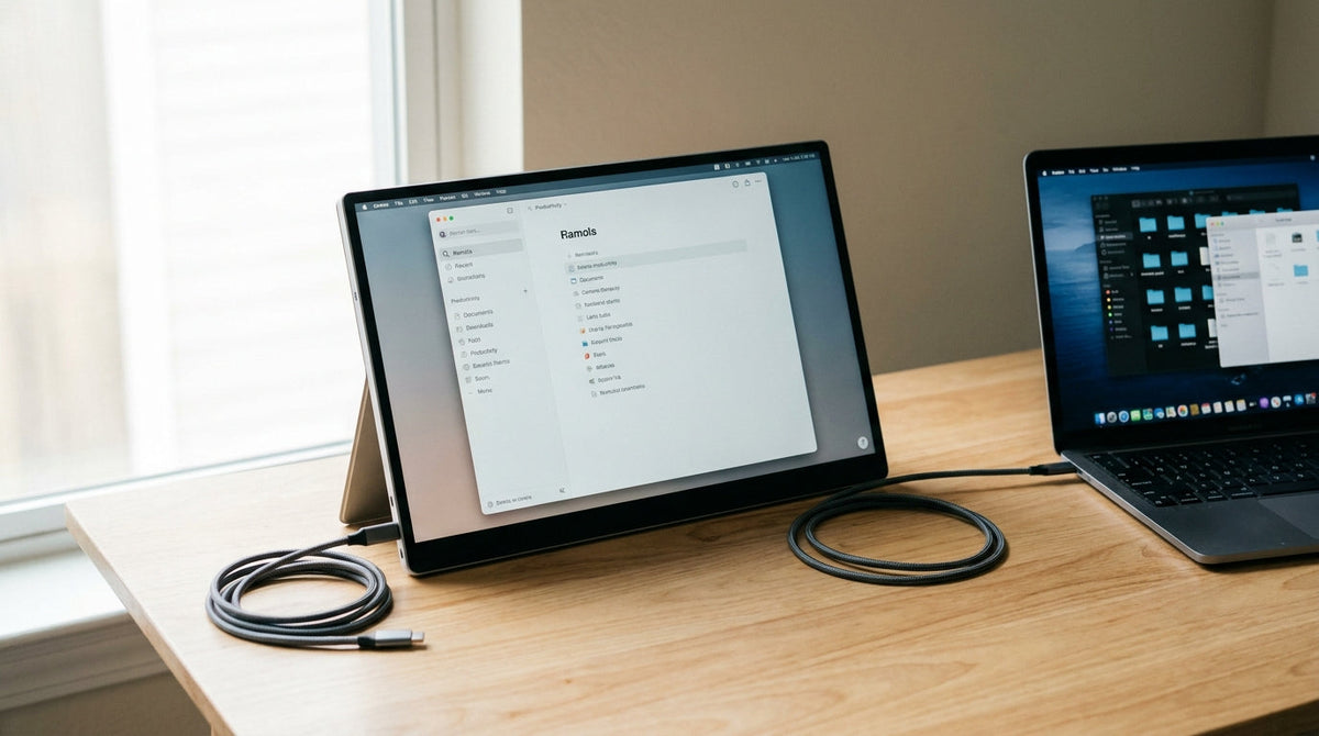 Portable touchscreen monitor connected to a laptop with a single USB-C cable on a desk