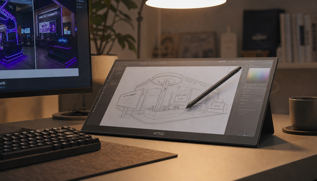 Portable touchscreen monitor used as a drawing tablet on a desktop workstation with stylus and sketch in progress
