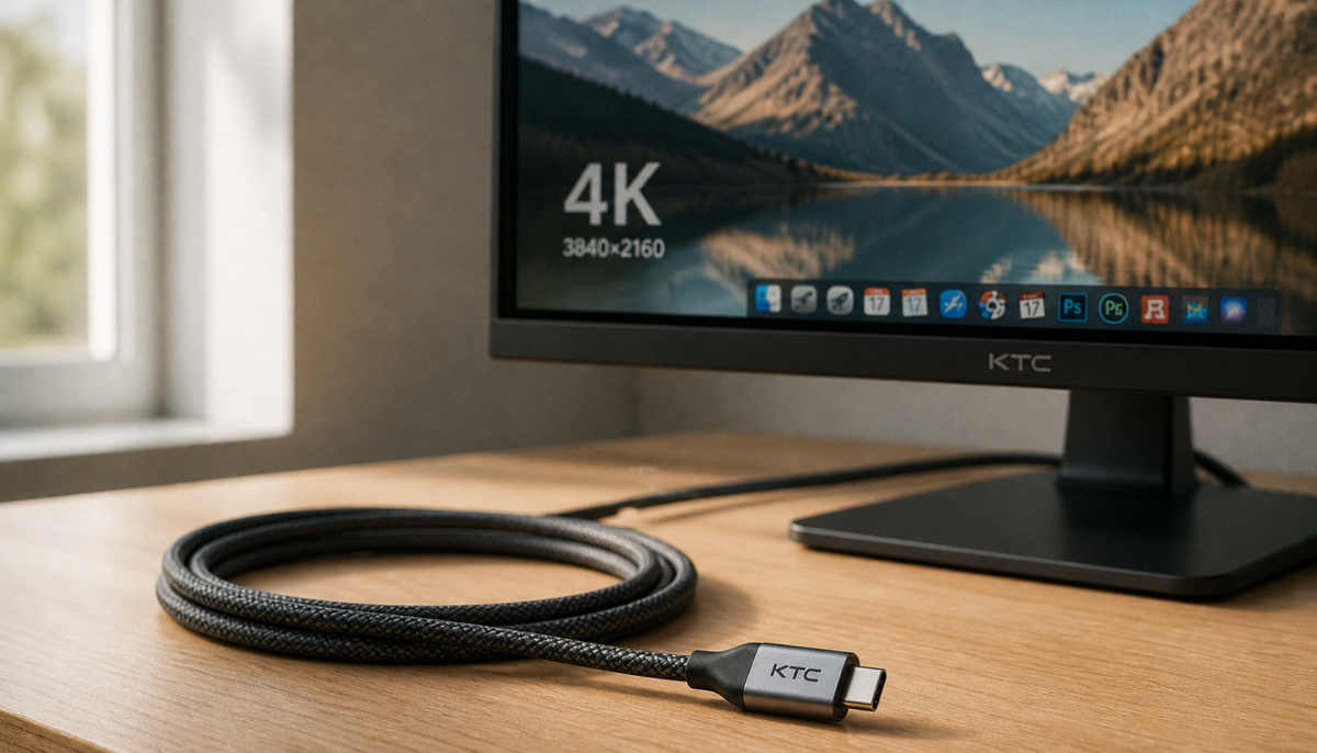 Premium USB-C cable on desk beside a 4K monitor displaying a sharp image, representing a verified 4K-capable USB-C connection