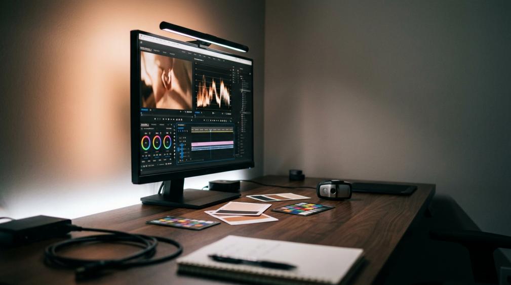 Professional color grading workstation with calibrated monitor and controlled room lighting for accurate video editing