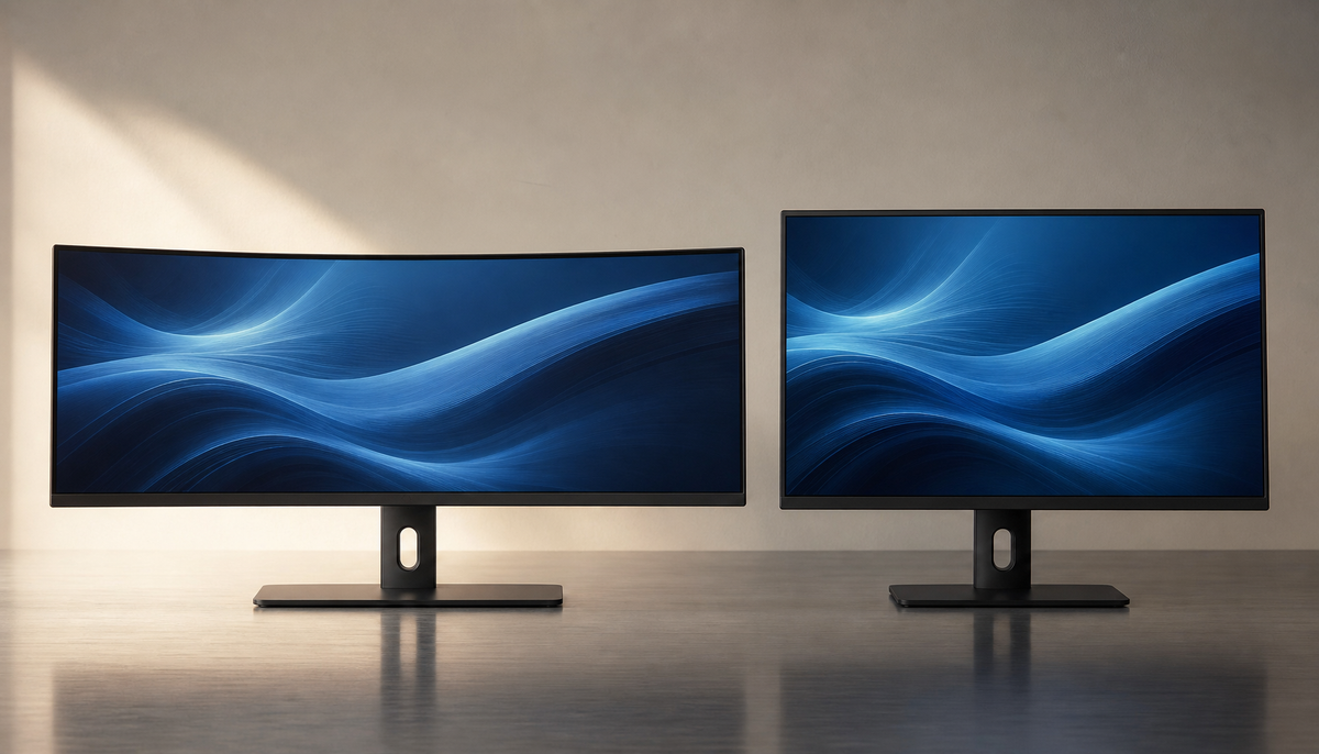 Side-by-side comparison of a 21:9 ultrawide monitor and a 16:9 monitor showing the difference in width and height at the same diagonal size