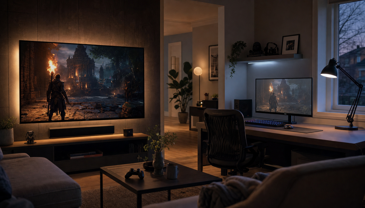 Side-by-side comparison of console HDR on a living room TV versus a gaming monitor showing the same game scene