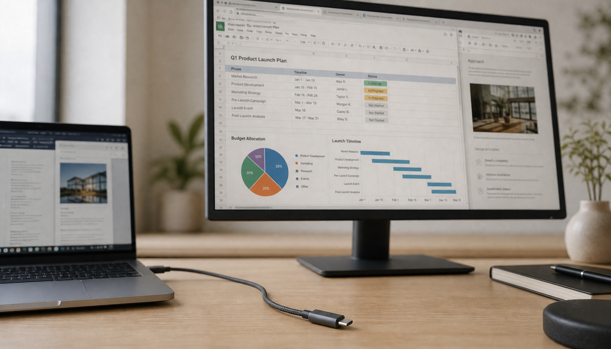 Single USB-C cable connecting a laptop to a monitor on a clean desk, replacing the power brick