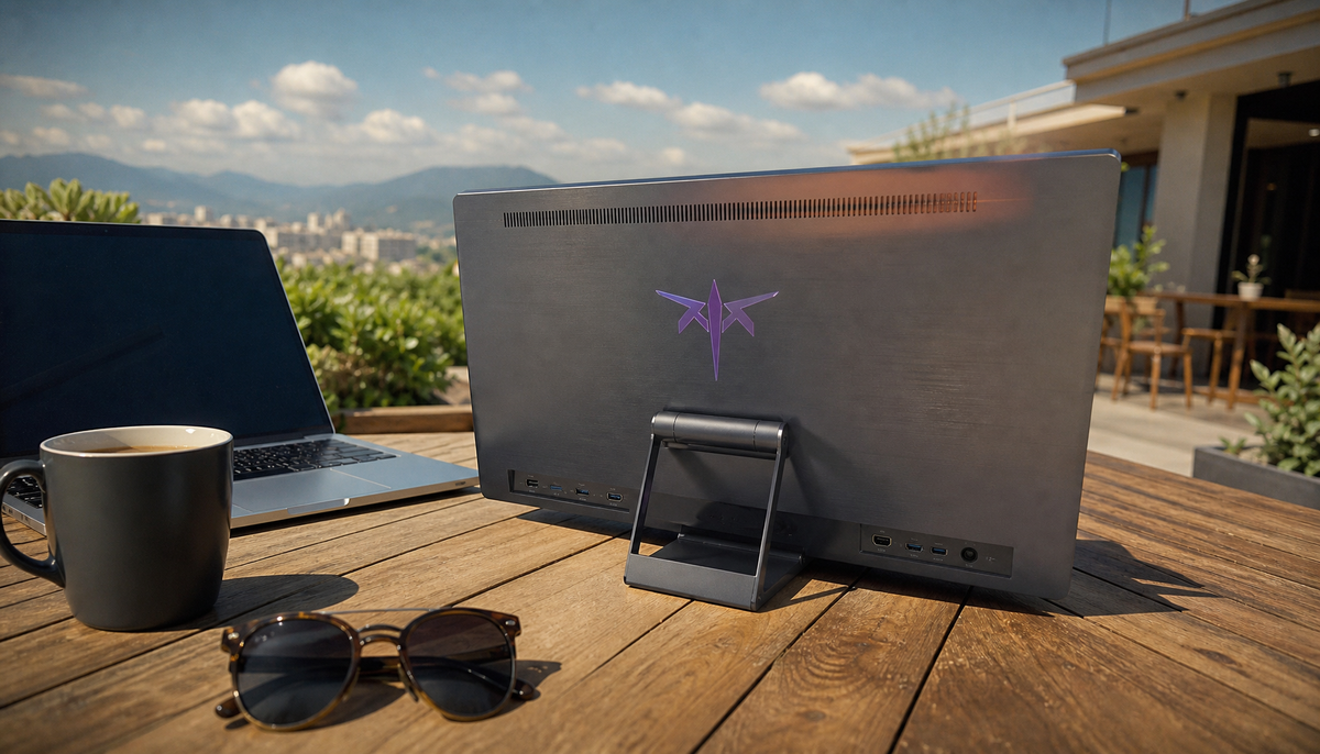 Slim portable monitor on an outdoor wooden table under direct noon sunlight, rear chassis retaining solar heat