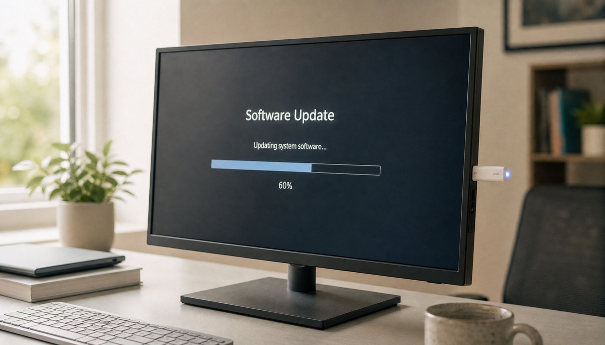 Smart monitor displaying a software update progress screen with a USB drive inserted into the side port