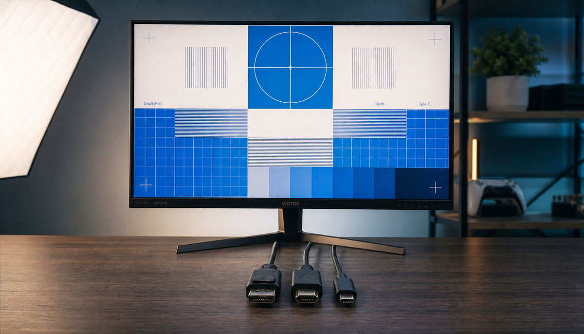 Three monitor cables — DisplayPort, HDMI, and USB-C — laid side by side on a desk beside a gaming monitor