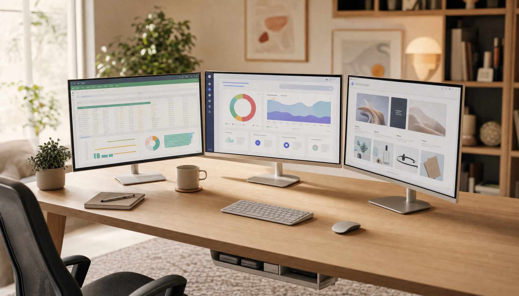 Three monitors connected to a desktop PC via integrated graphics in a clean home office workspace