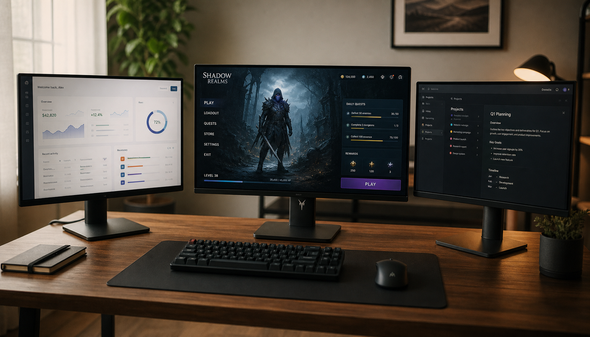 Three monitors connected to a single graphics card on a clean modern gaming and productivity desk