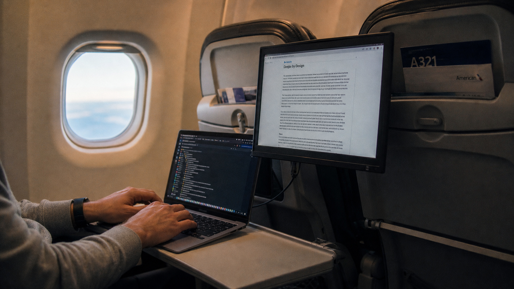 Traveler using a portable monitor on an airplane tray table during a daytime flight
