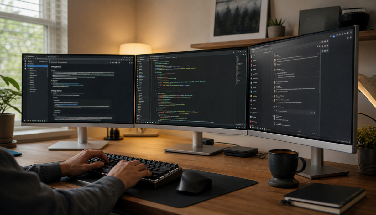Triple-monitor home office desk setup with center work screen and side displays for documentation and communication