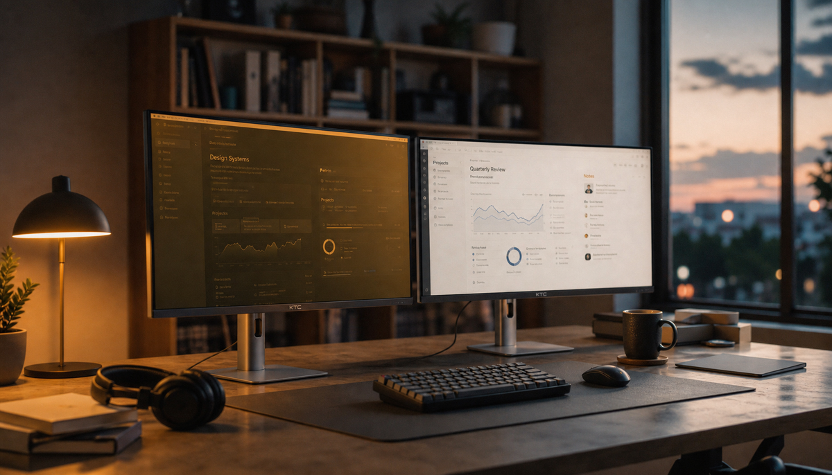 Two monitors on a home office desk at dusk — one showing a warm night-light tint and the other a neutral cool display
