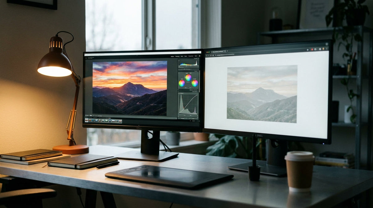 Two monitors side by side showing the same image — one vibrant in an editing app, one washed out in a browser — illustrating a color export mismatch