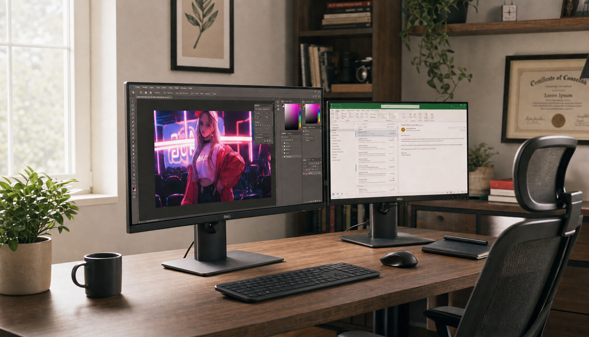 Two monitors with different resolutions set up side by side on a home office desk for a multi-display productivity workspace