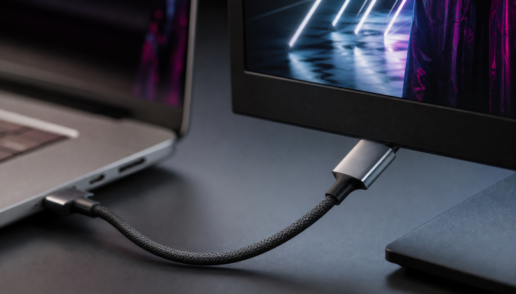 USB-C cable connecting a laptop to a gaming monitor, illustrating USB-C DisplayPort connectivity
