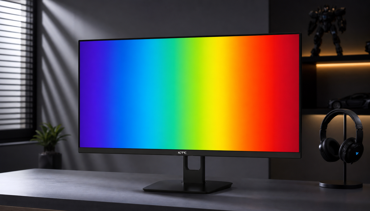 Wide-gamut gaming monitor displaying saturated color gradients illustrating out-of-gamut color clipping