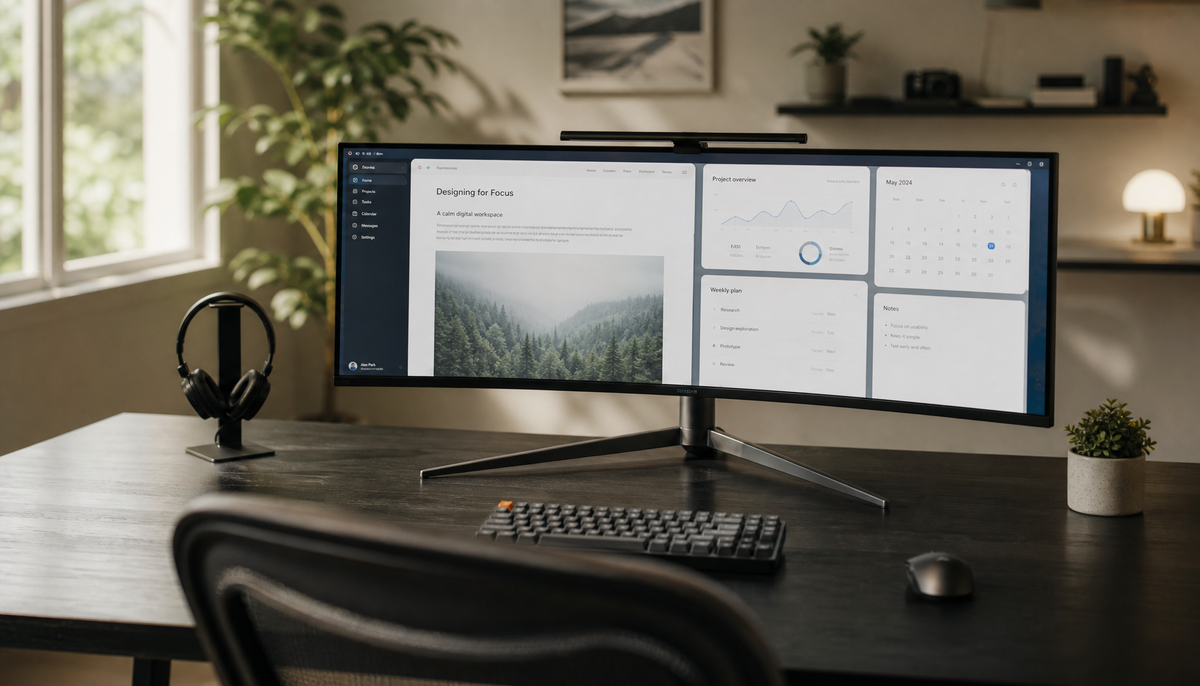 Wide ultrawide gaming monitor on an ergonomic home office desk showing a clean productivity workspace setup