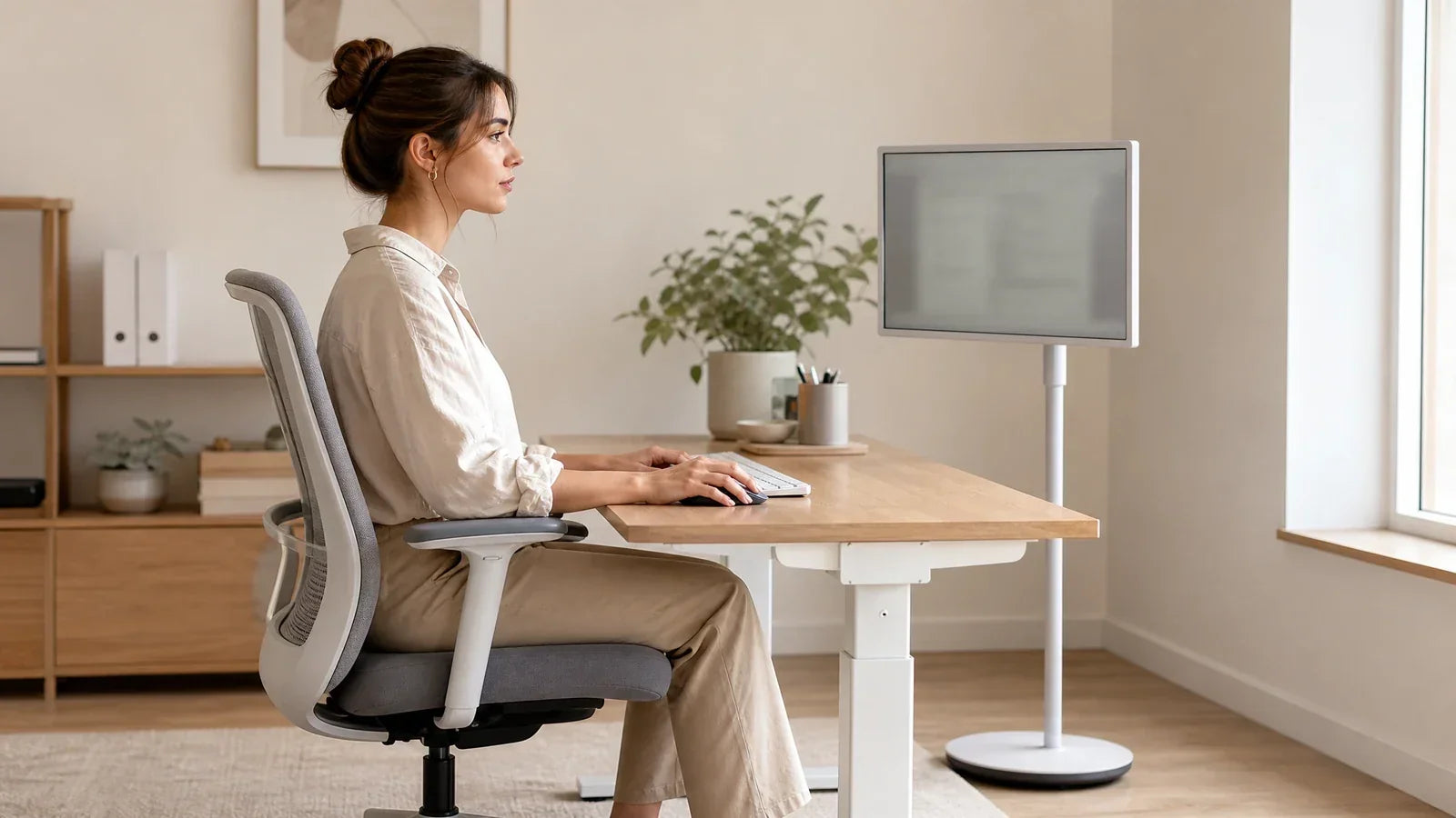 Woman at height-adjustable desk using keyboard and mouse while facing KTC monitor on white floor stand in modern office