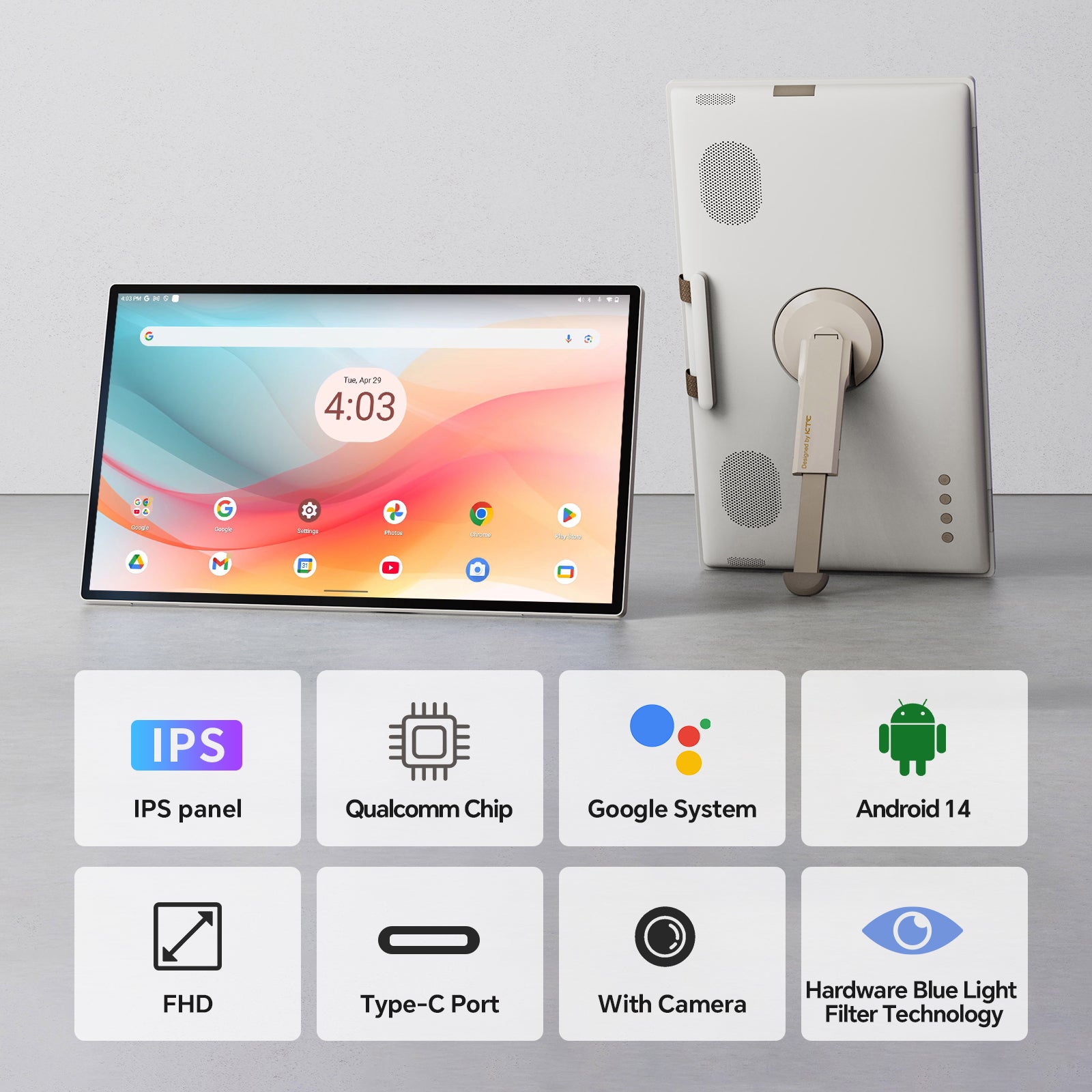 25-inch white portable touch monitor with built-in camera and black bezel