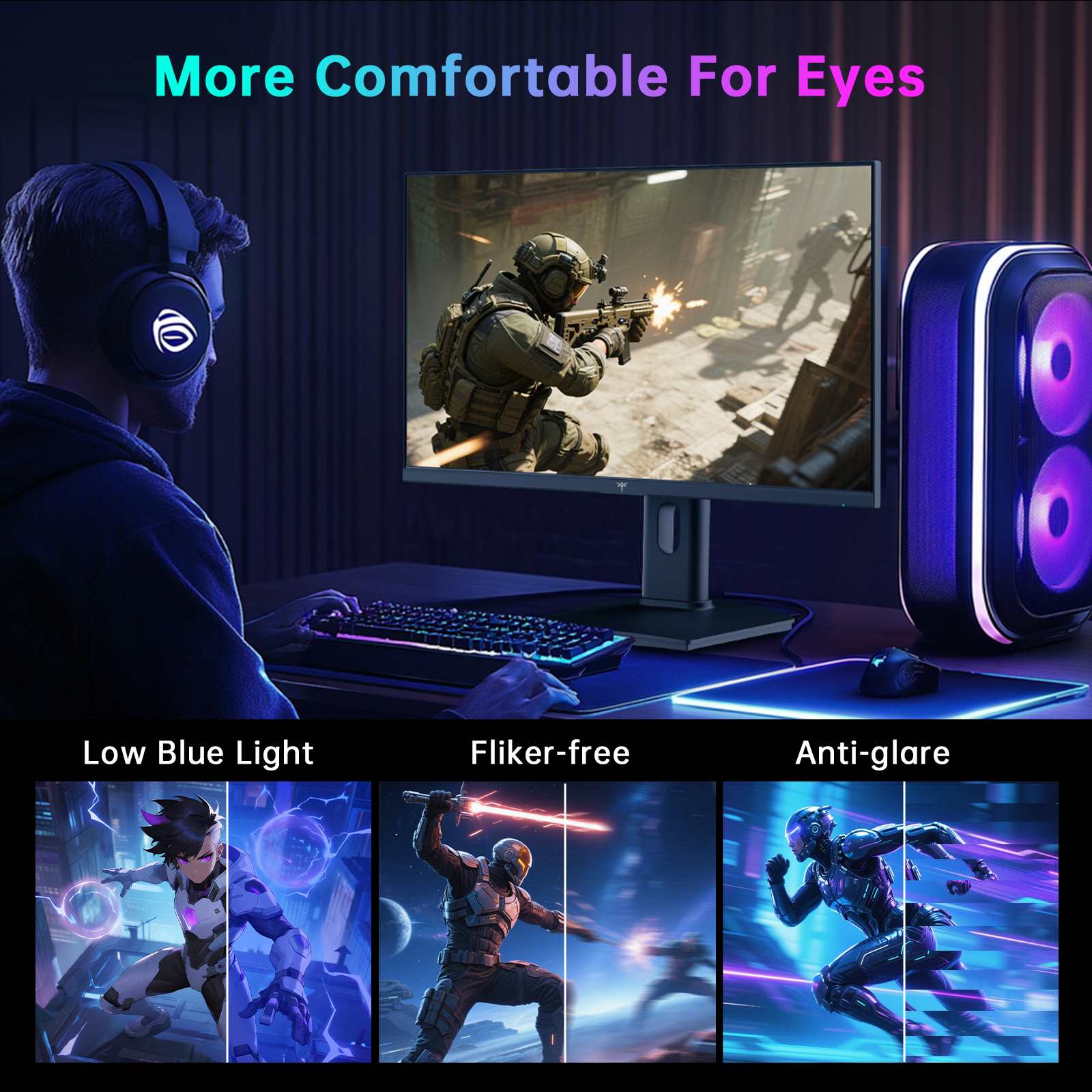 KTC Fast IPS vertical gaming monitor on stand, portrait mode with futuristic game scene