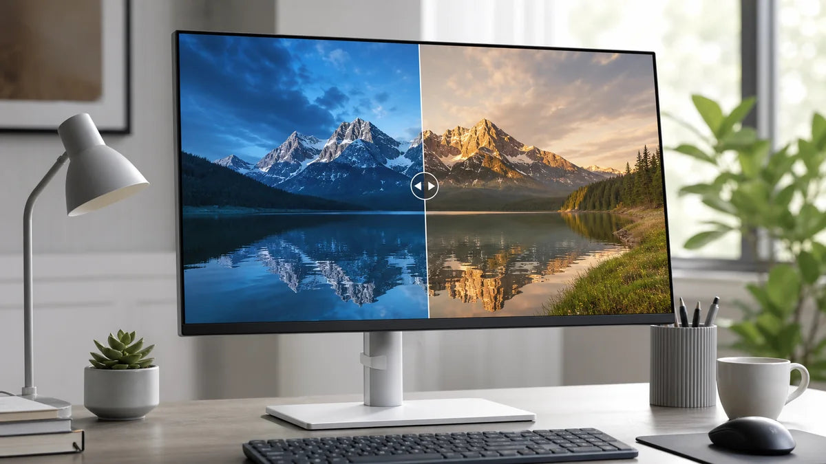 Office monitor showing cool blue and neutral color comparison for eye comfort