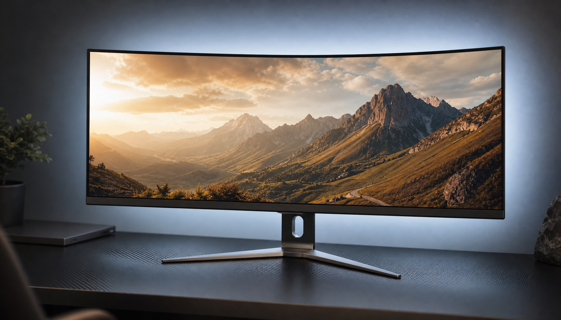 21:9 ultrawide curved monitor displaying a cinematic widescreen film with no black bars
