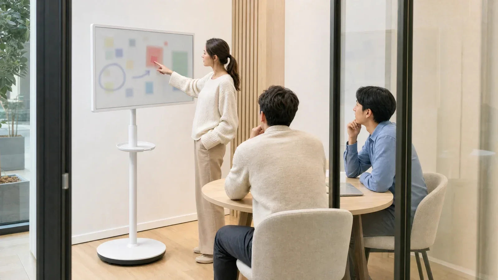 Three colleagues gathered around a 32-inch touch screen monitor on a rolling stand in a glass huddle room