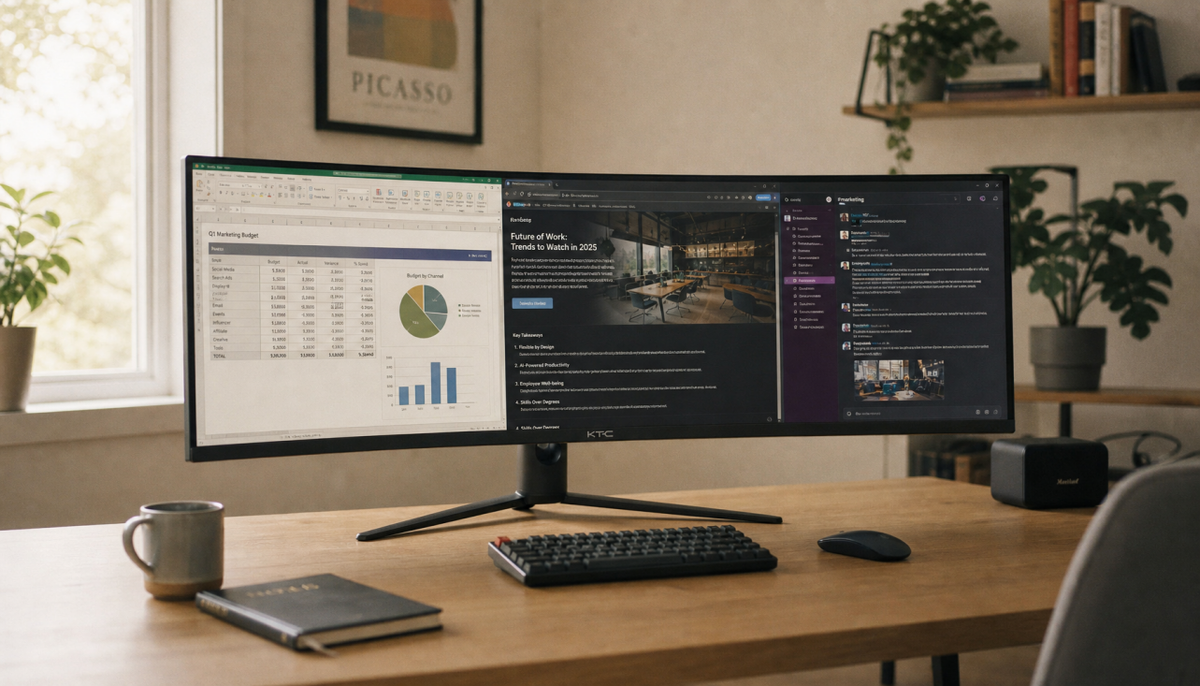 32:9 ultrawide monitor showing a multitasking workspace with spreadsheet, browser, and chat apps side by side