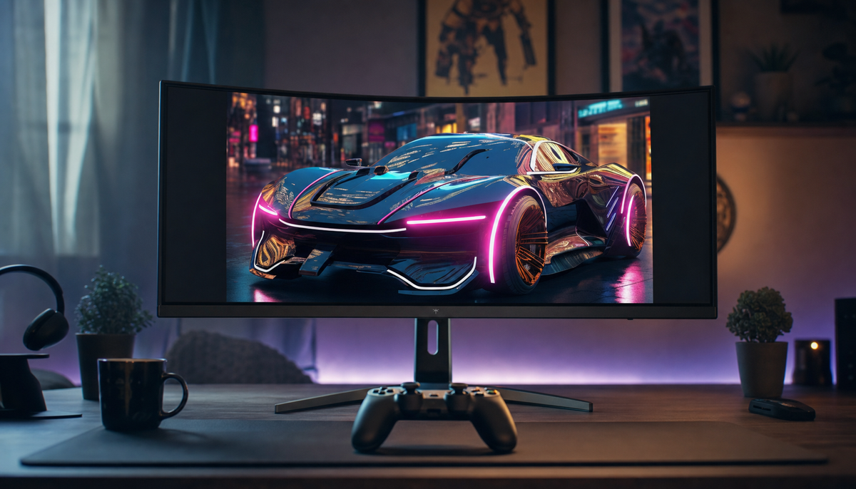 34-inch curved ultrawide gaming monitor showing a centered 16:9 console game with pillarbox bars on each side