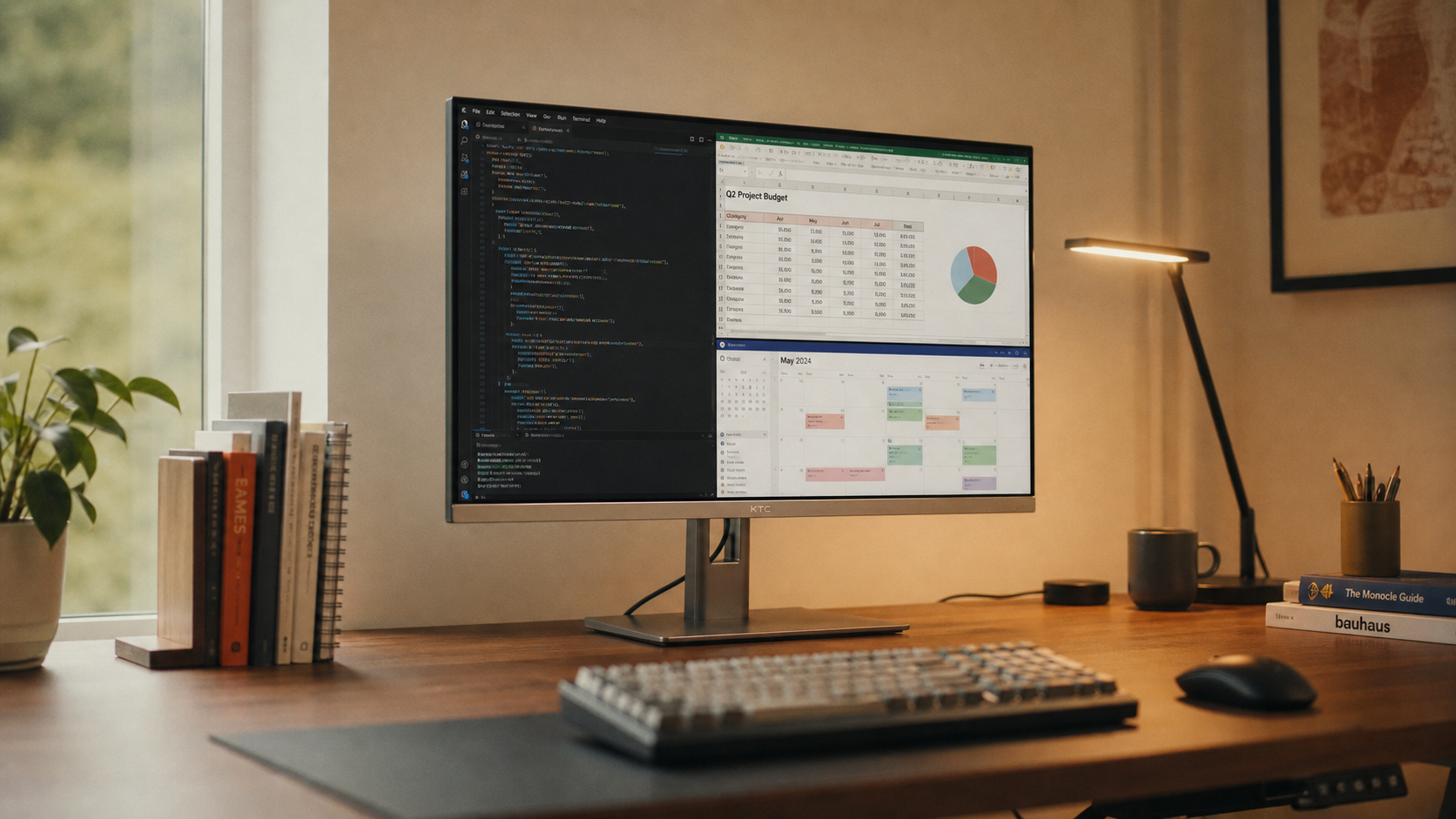 43-inch productivity monitor on a clean home office desk showing multi-window layout