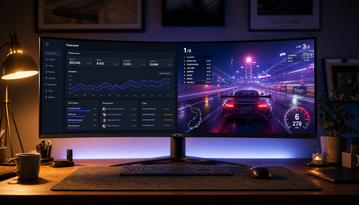49-inch curved super-ultrawide monitor showing split-screen setup with productivity apps on the left and a racing game on the right