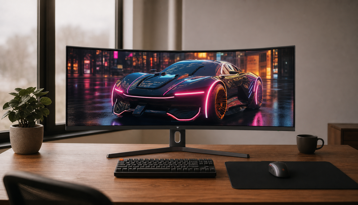 49-inch ultrawide curved gaming monitor centered on a 60-inch wooden desk with clear side clearance on both ends