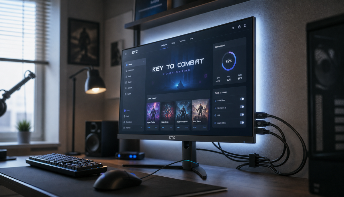 4K gaming monitor with HDMI and DisplayPort cables connected, showing a crisp high-resolution display in a home office setup