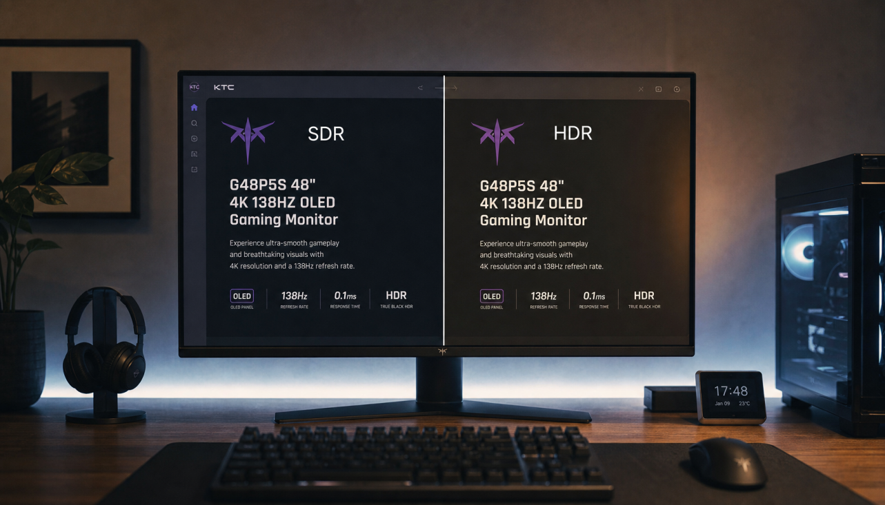 4K monitor showing SDR vs HDR sharpness comparison on a gaming desk