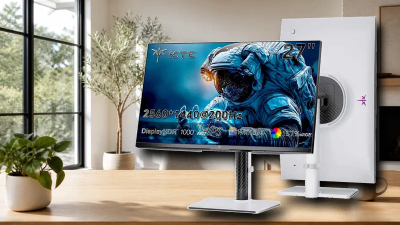 KTC M27T6S Mini LED monitor shown from the rear with its full chassis and stand in a bright room workstation scene