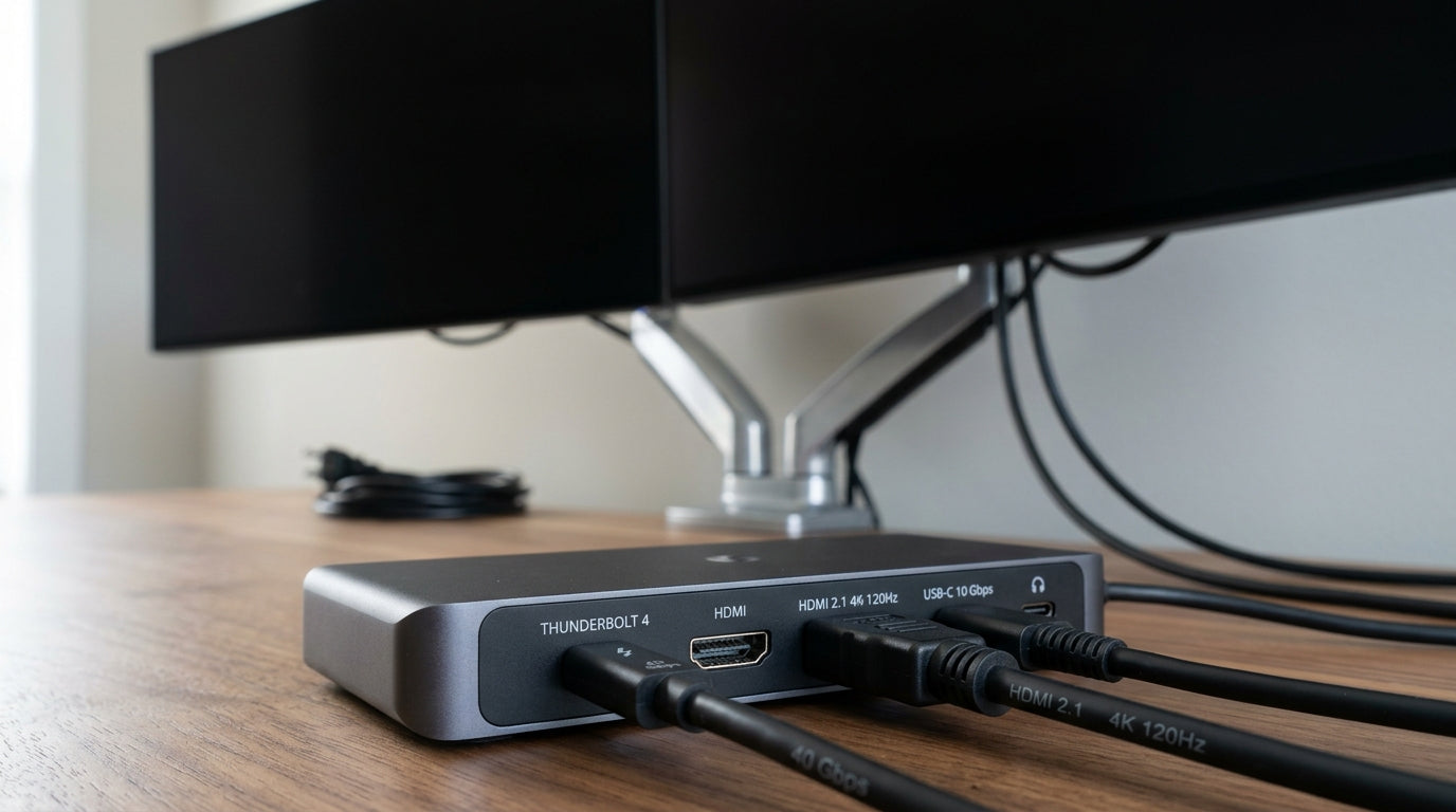 Close-up of Thunderbolt 4 dock ports and certified cables connecting 4K monitors