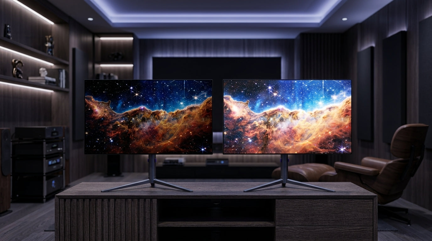 A side-by-side comparison of an OLED monitor and a Mini LED monitor in a dark home cinema setting, displaying a high-contrast starfield scene to highlight differences in black levels and peak brightness.