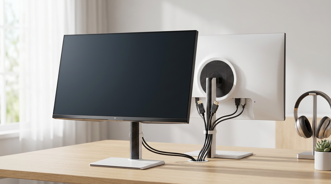 A high-refresh 4K gaming monitor on a clean desk setup with visible DisplayPort and HDMI cables
