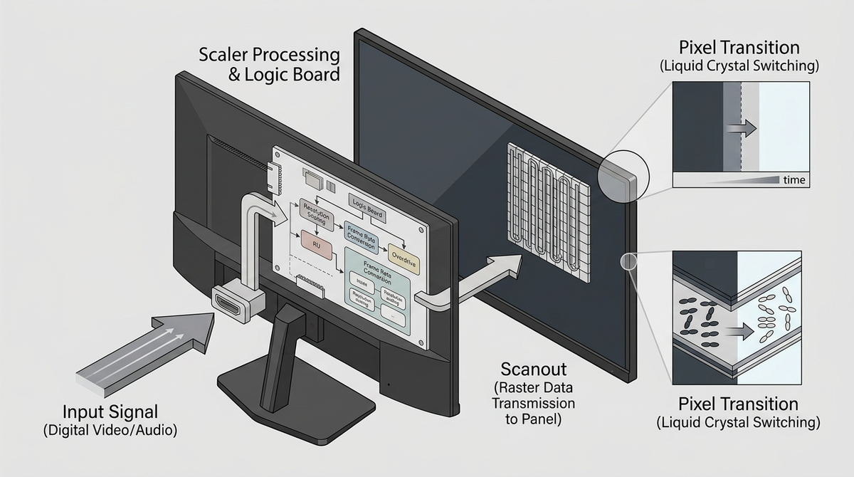 Technical diagram of monitor signal flow and pixel transitions