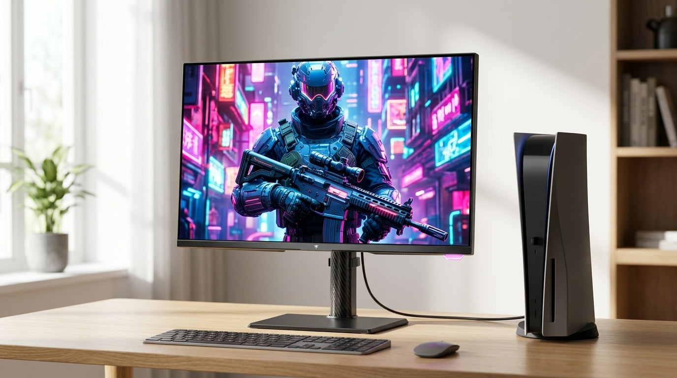 KTC M27P6 Mini-LED gaming monitor displaying vibrant 4K HDR console gameplay on a desk setup