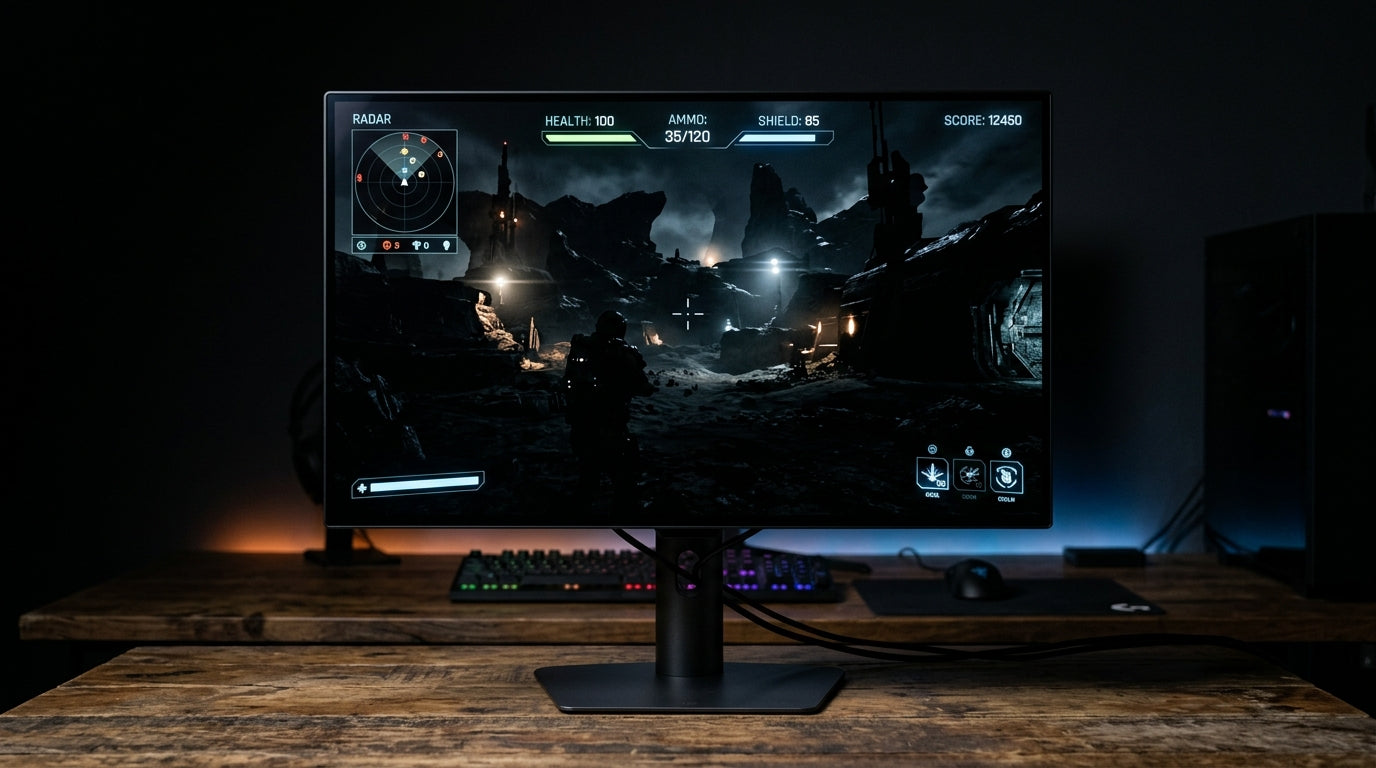 OLED gaming monitor showing deep blacks and HUD elements in a controlled dark-room setup