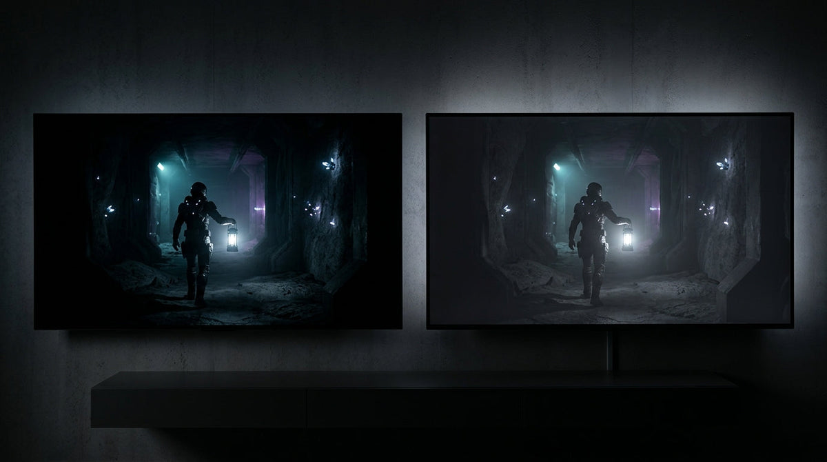 Perceived contrast comparison between OLED true black and high-nit LCD in a dark game scene