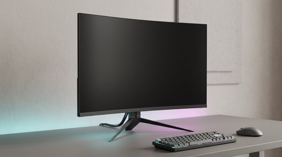 A realistic flat 27-inch gaming monitor on a clean desk with subtle RGB lighting, neutral modern workspace