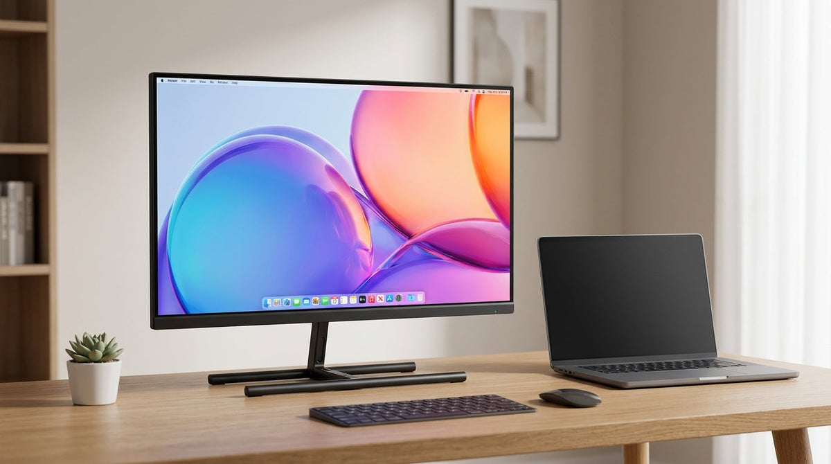 A professional computer monitor and a laptop on a clean, modern desk in a bright workspace.
