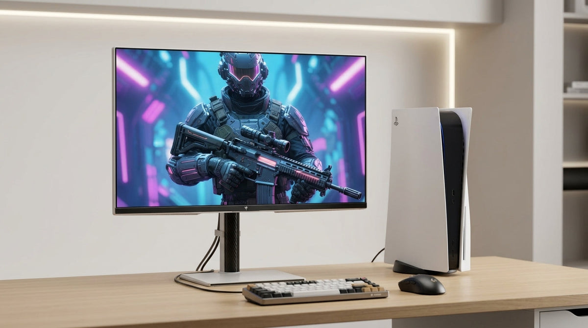 Desk setup showing a 27-inch 4K gaming monitor connected to a PS5 console with clean cable management and ergonomic stand adjustment