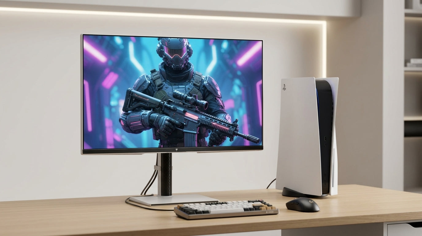 Desk setup showing a 27-inch 4K gaming monitor connected to a PS5 console with clean cable management and ergonomic stand adjustment