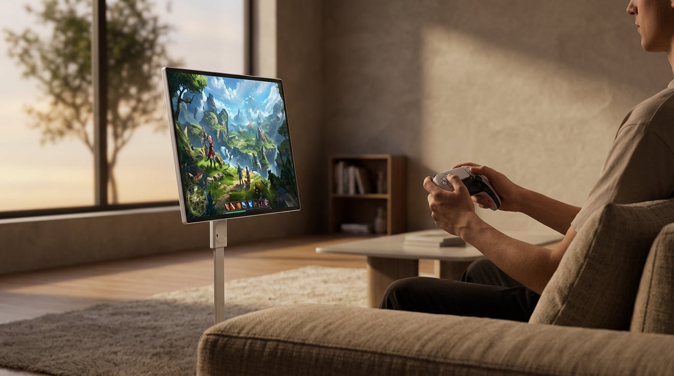 A person in a modern, sunlit living room sitting on a sofa and using a wireless game controller to interact with a 32-inch 4K smart touch monitor mounted on a minimalist floor stand.