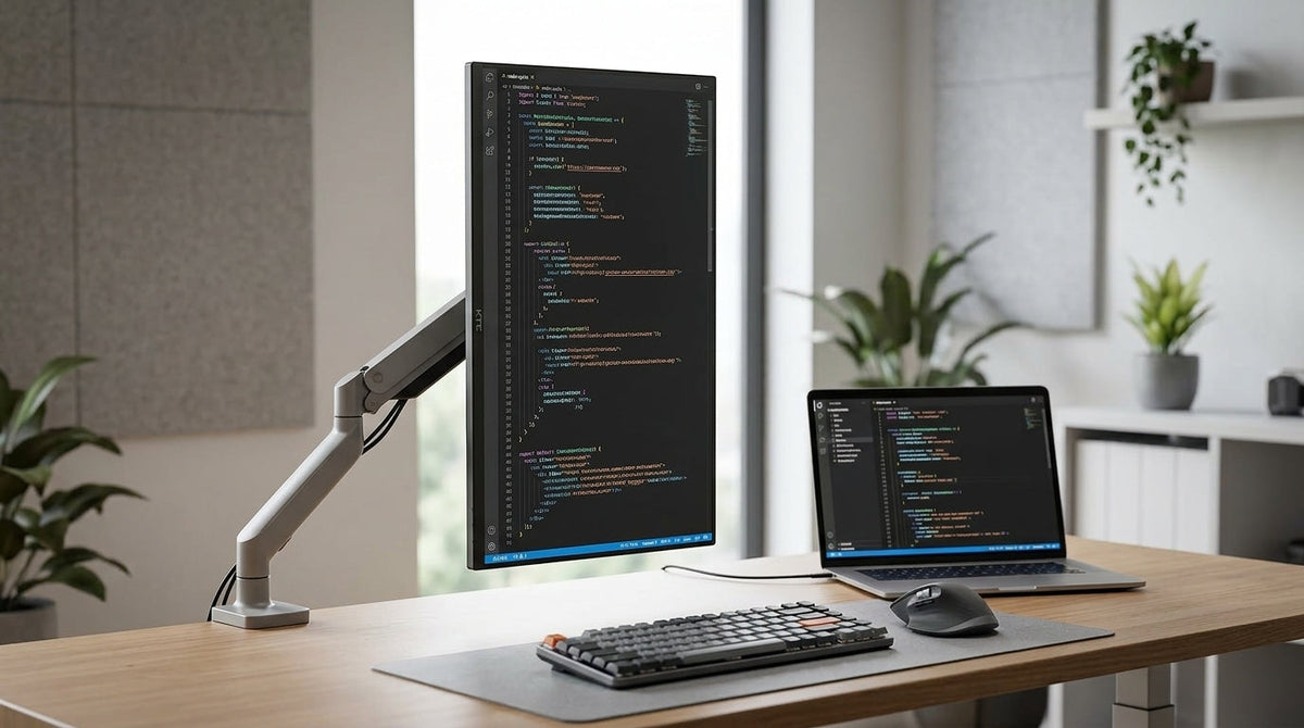 A clean, professional developer workspace featuring a high-resolution monitor in vertical orientation next to a laptop, displaying sharp code under soft office lighting.