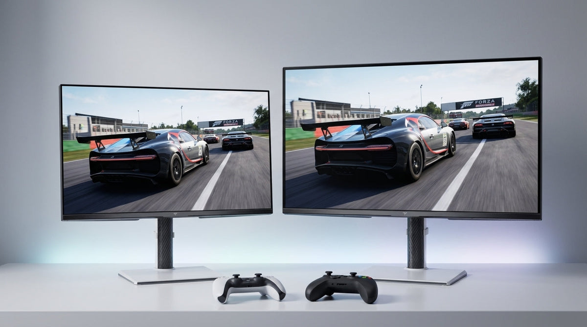 27-inch and 32-inch 4K gaming monitors side-by-side with console controllers on a desk